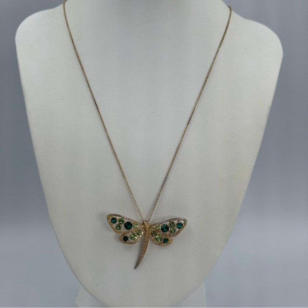 Gold Over .925 Sterling Silver Dragonfly Necklace SAI Multiple Green Stones